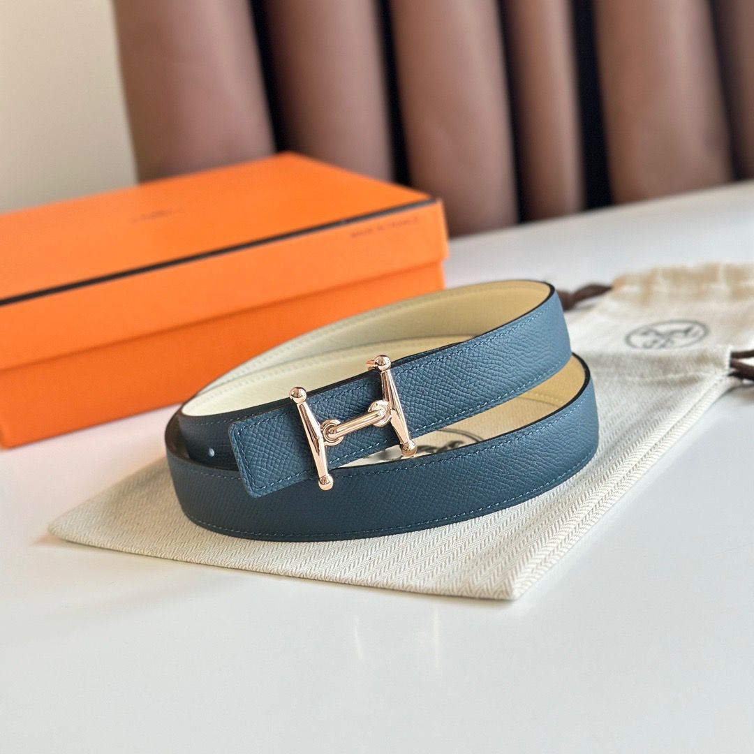 Hermes Mors H 24mm Reversible Belt in Blue and White Epsom Leather - Image 3