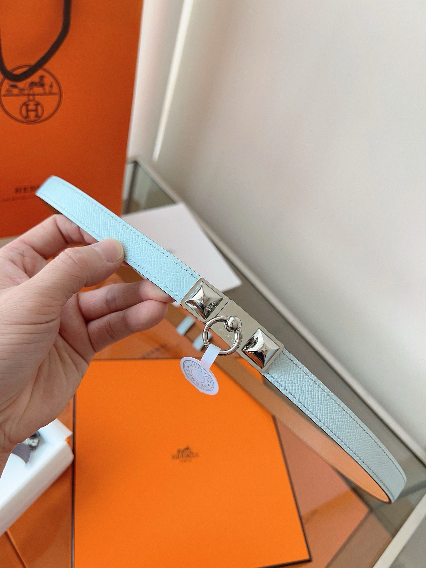 Hermes Rivale 18 Belt in Blue Brume Epsom Calfskin - Image 4