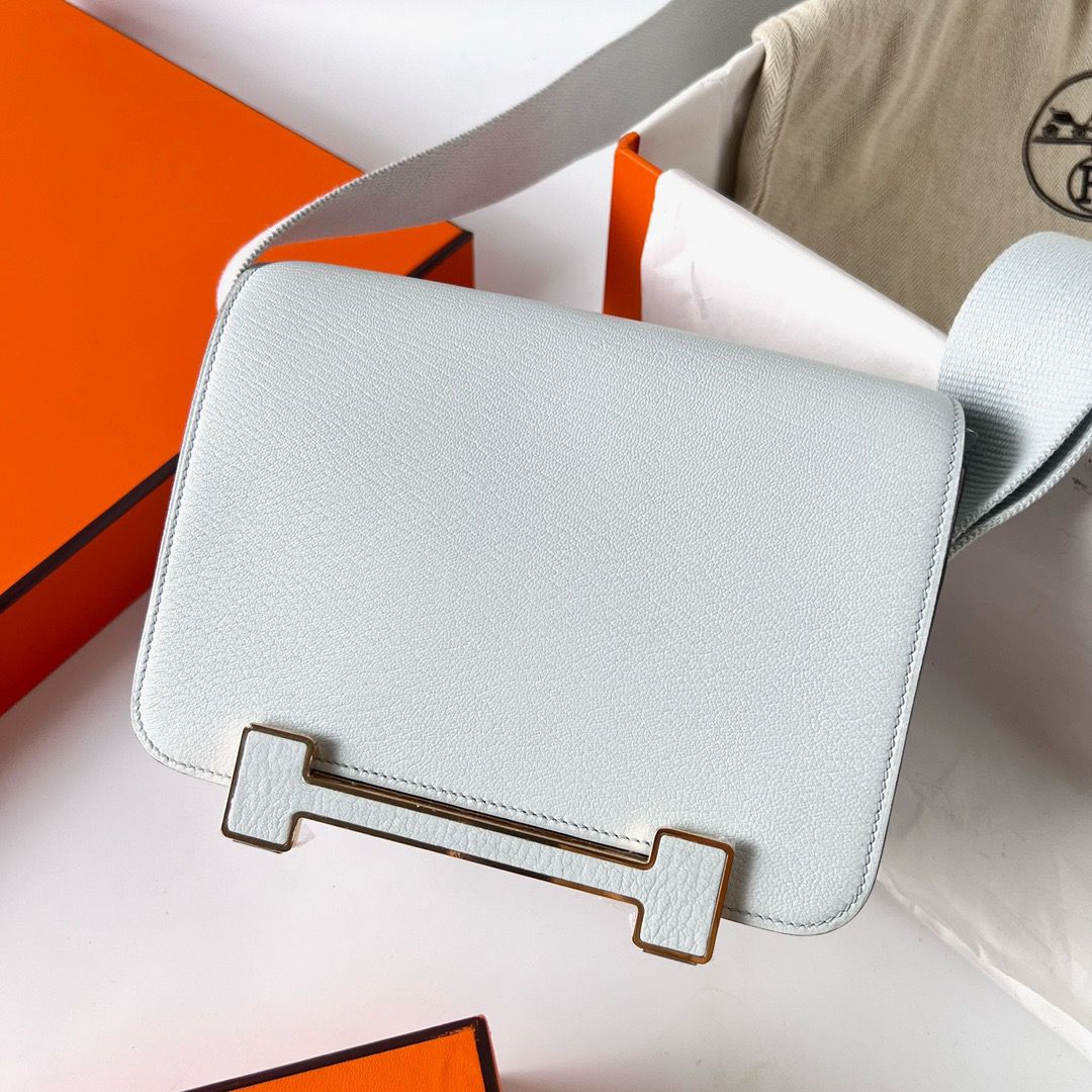 Hermes Geta Handmade Bag In Blue Brume Chevre Mysore Leather - Image 3