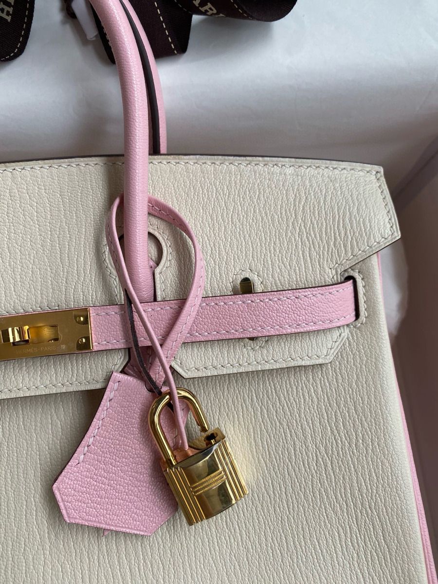 Hermes HSS Birkin 25 Bicolor Bag in Craie and Pink Chevre Mysore Leather - Image 4