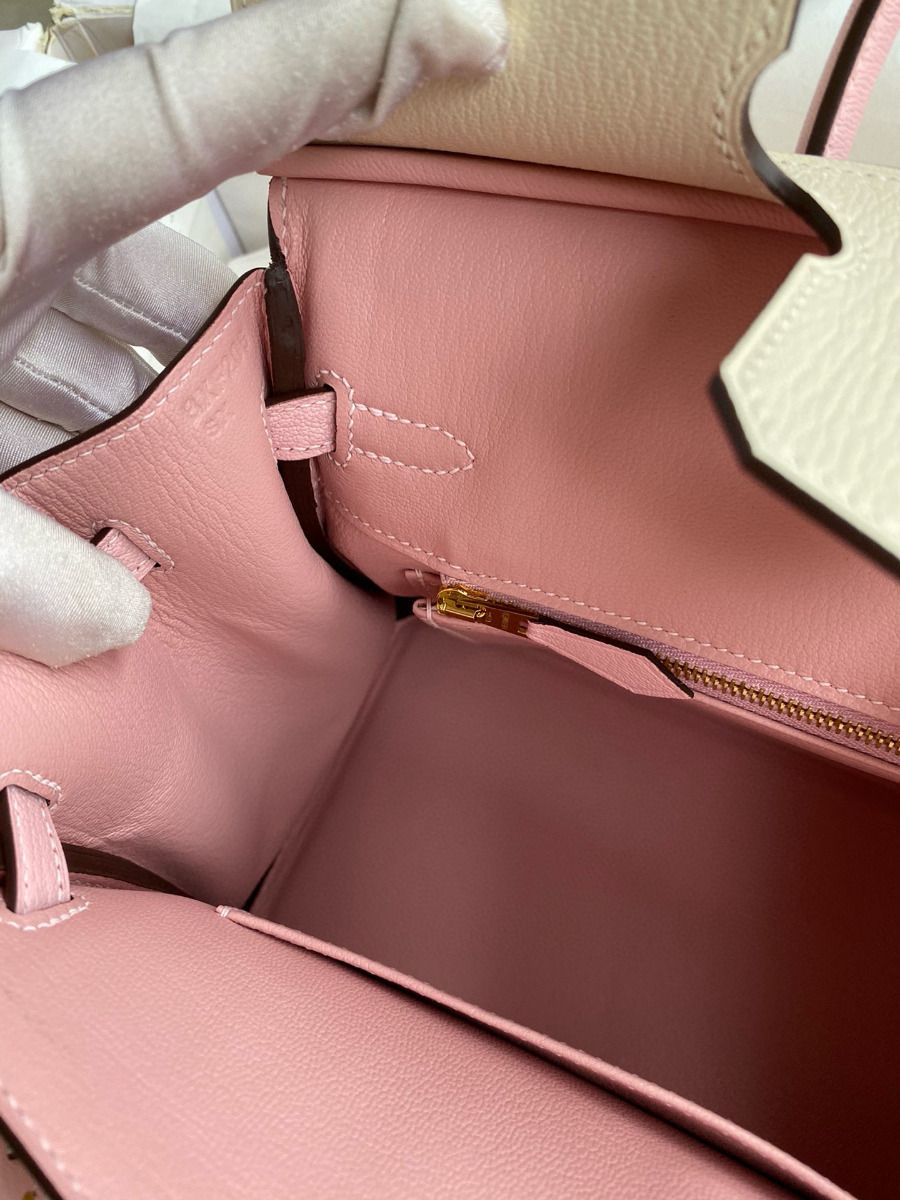 Hermes HSS Birkin 25 Bicolor Bag in Craie and Pink Chevre Mysore Leather - Image 10