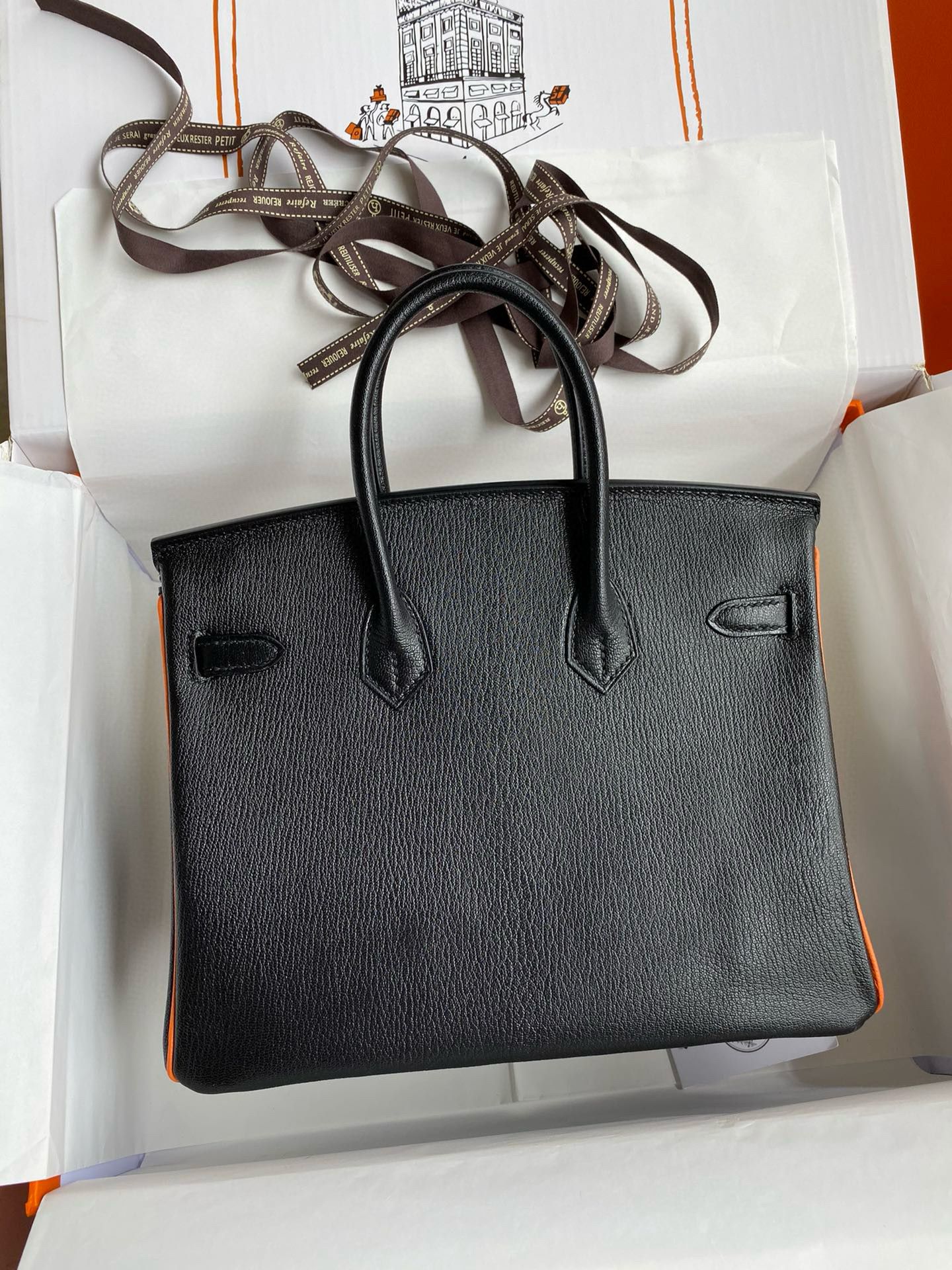 Hermes HSS Birkin 25 Bicolor Bag in Black and Orange Chevre Mysore Goatskin - Image 3