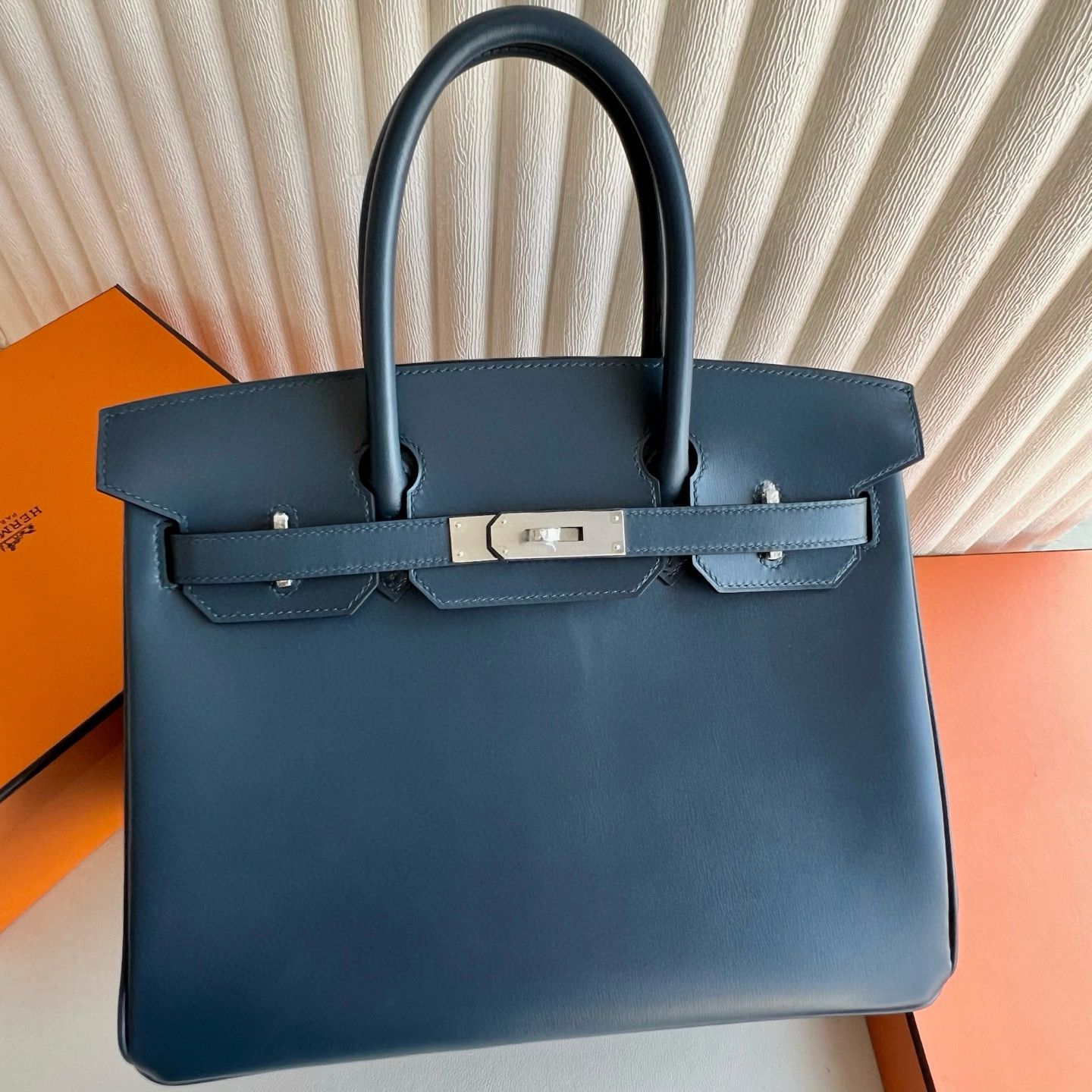 Hermes Birkin 25 Retourne Handmade Bag in Blue Prusse Box Calfskin