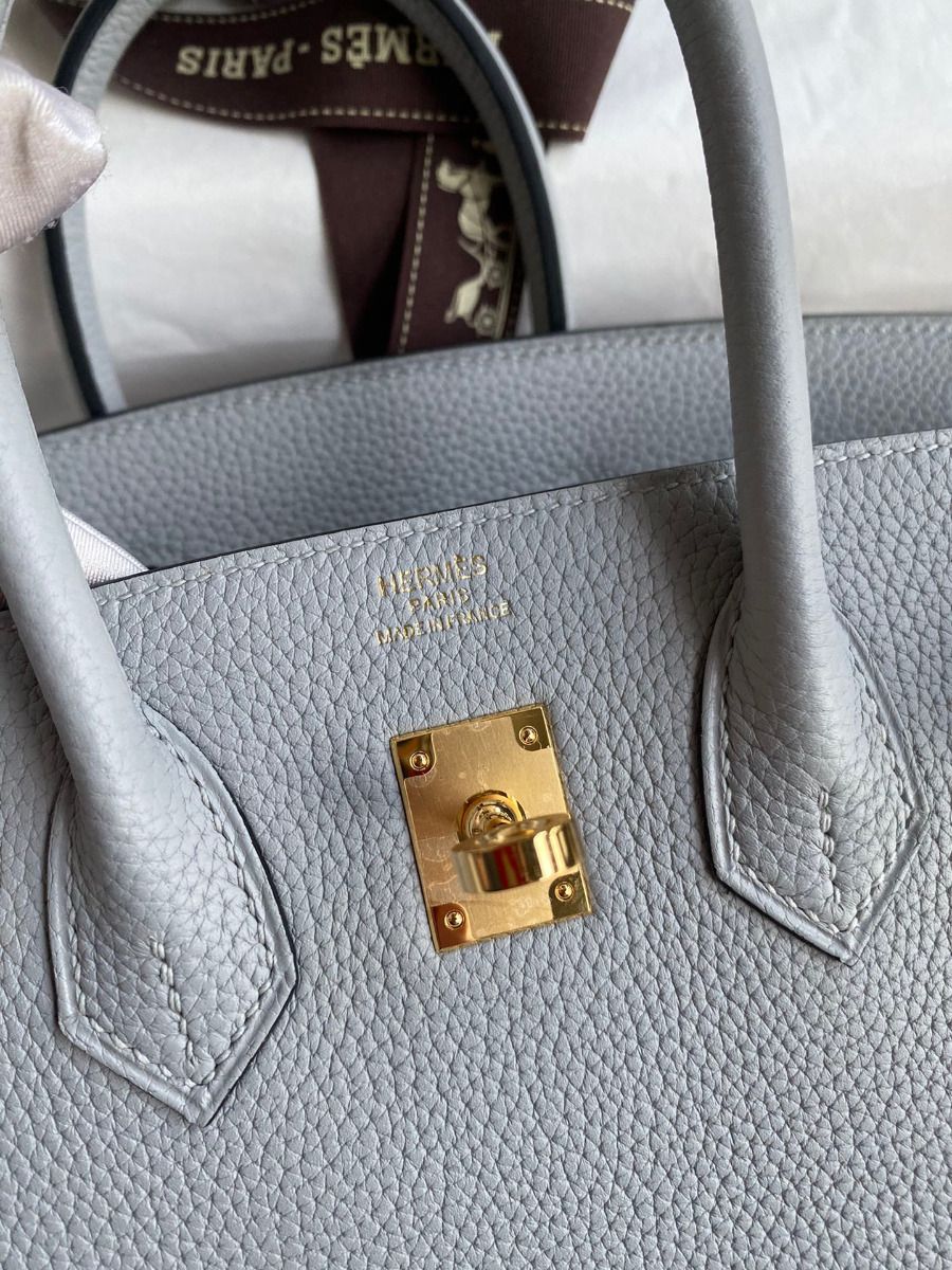 Hermes Birkin 25 Retourne Handmade Bag In Blue Glacier Clemence Leather - Image 7