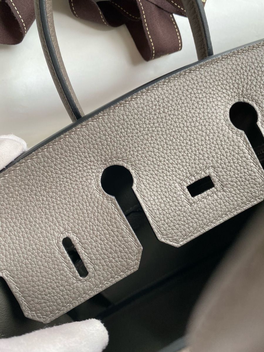 Hermes Birkin 25 Retourne Handmade Bag In Etain Clemence Leather - Image 9