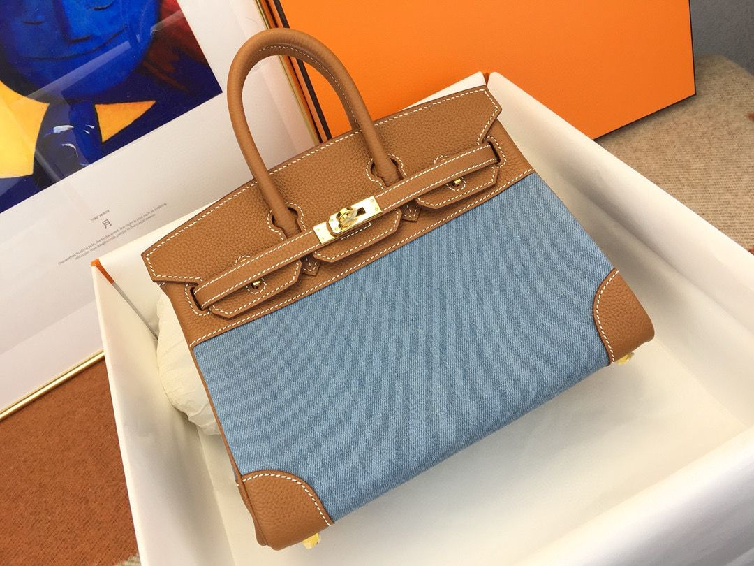 Hermes Birkin 25 Handmade Bag in Denim & Gold Clemence Leather - Image 4