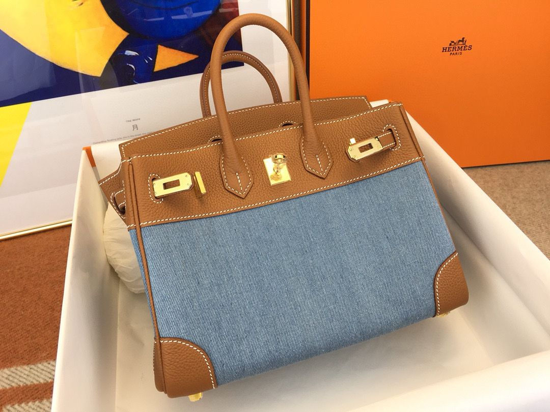 Hermes Birkin 25 Handmade Bag in Denim & Gold Clemence Leather - Image 6