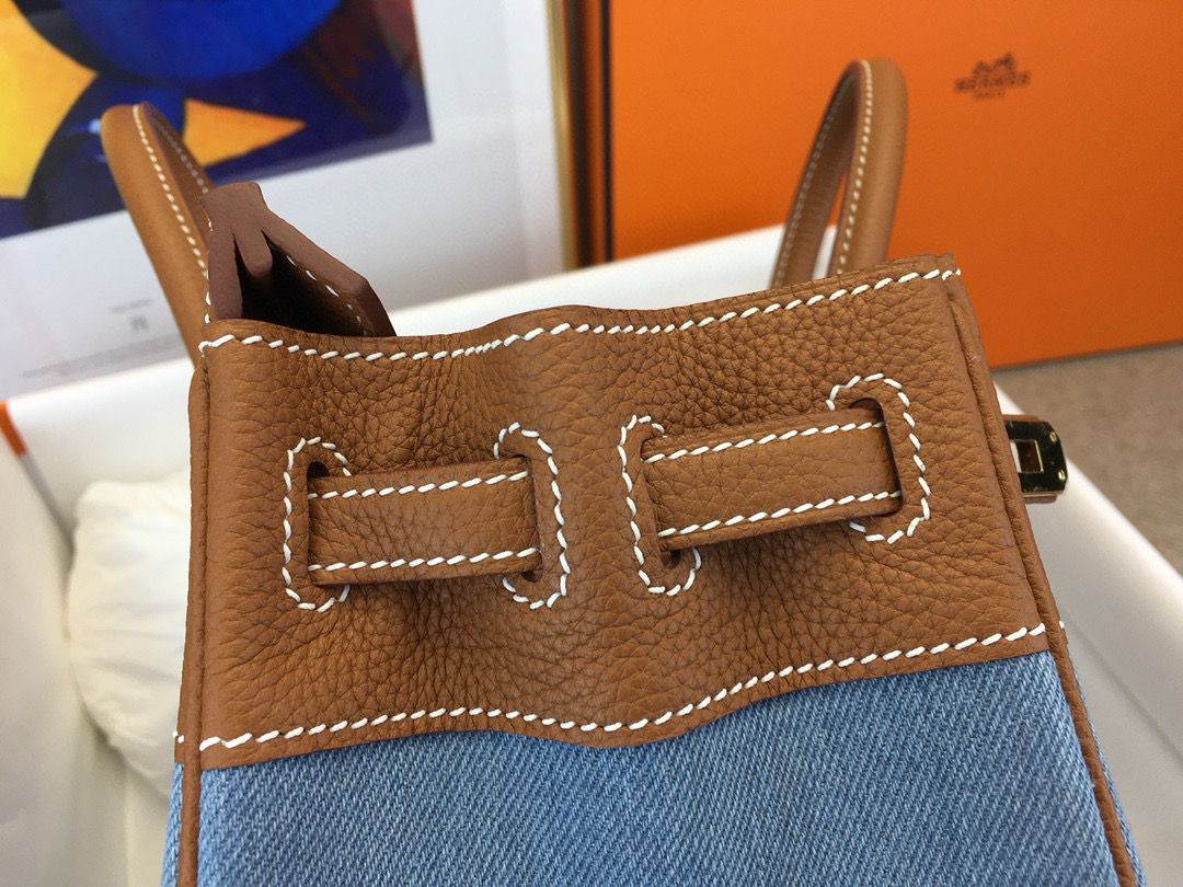 Hermes Birkin 25 Handmade Bag in Denim & Gold Clemence Leather - Image 7