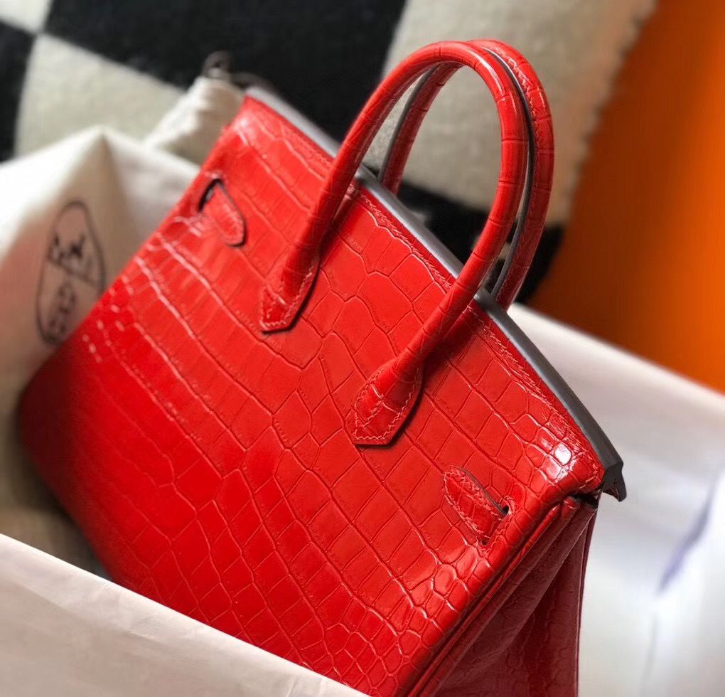 Hermes Birkin 25cm Bag In Red Embossed Crocodile Leather - Image 5