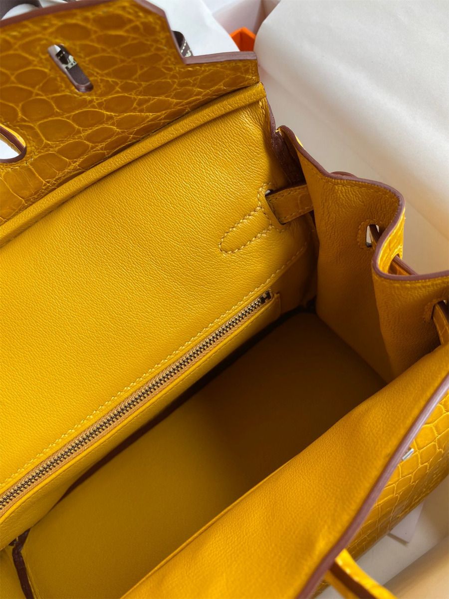 Hermes Birkin 25 Handmade Bag In Yellow Crocodile Niloticus Shiny Skin - Image 9