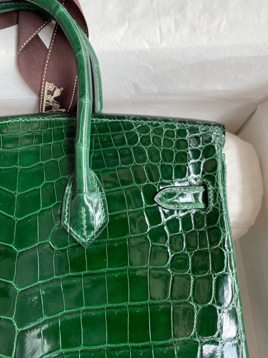 Hermes Birkin 25 Handmade Bag In Malachite Crocodile Niloticus Shiny Skin - Image 5