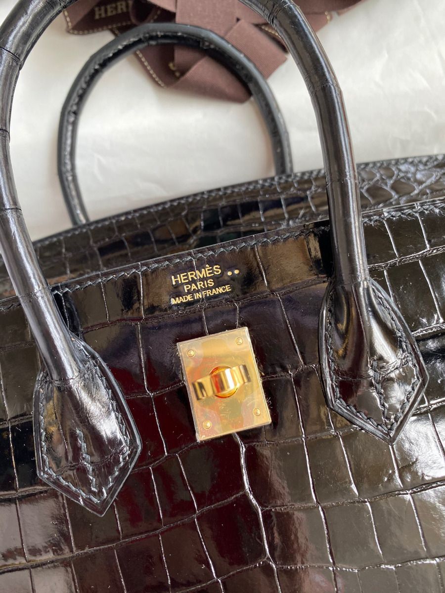 Hermes Birkin 25 Handmade Bag In Black Crocodile Niloticus Shiny Skin - Image 7