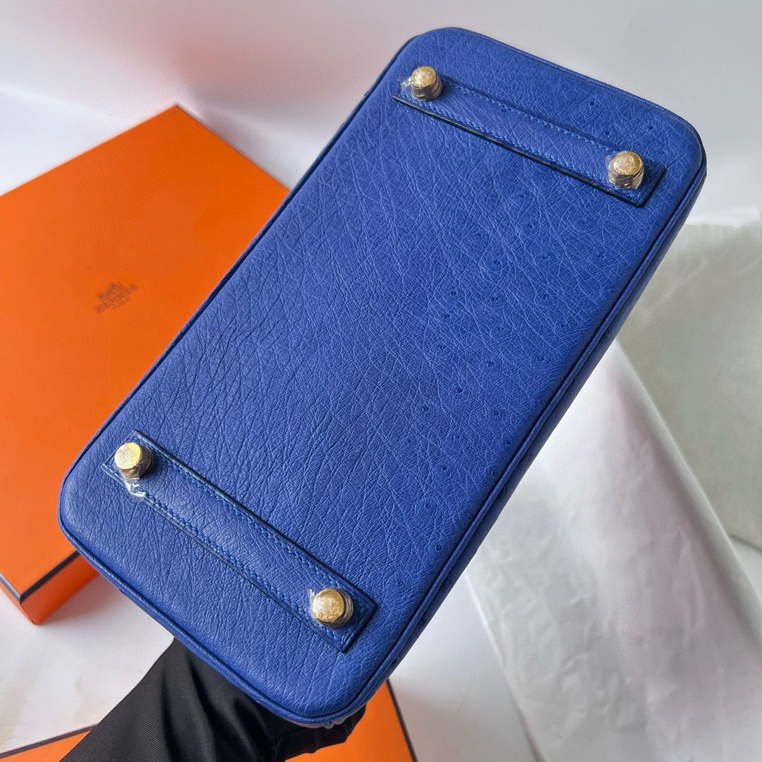Hermes Birkin 25 Retourne Handmade Bag In Blue Zellige Ostrich Leather - Image 9