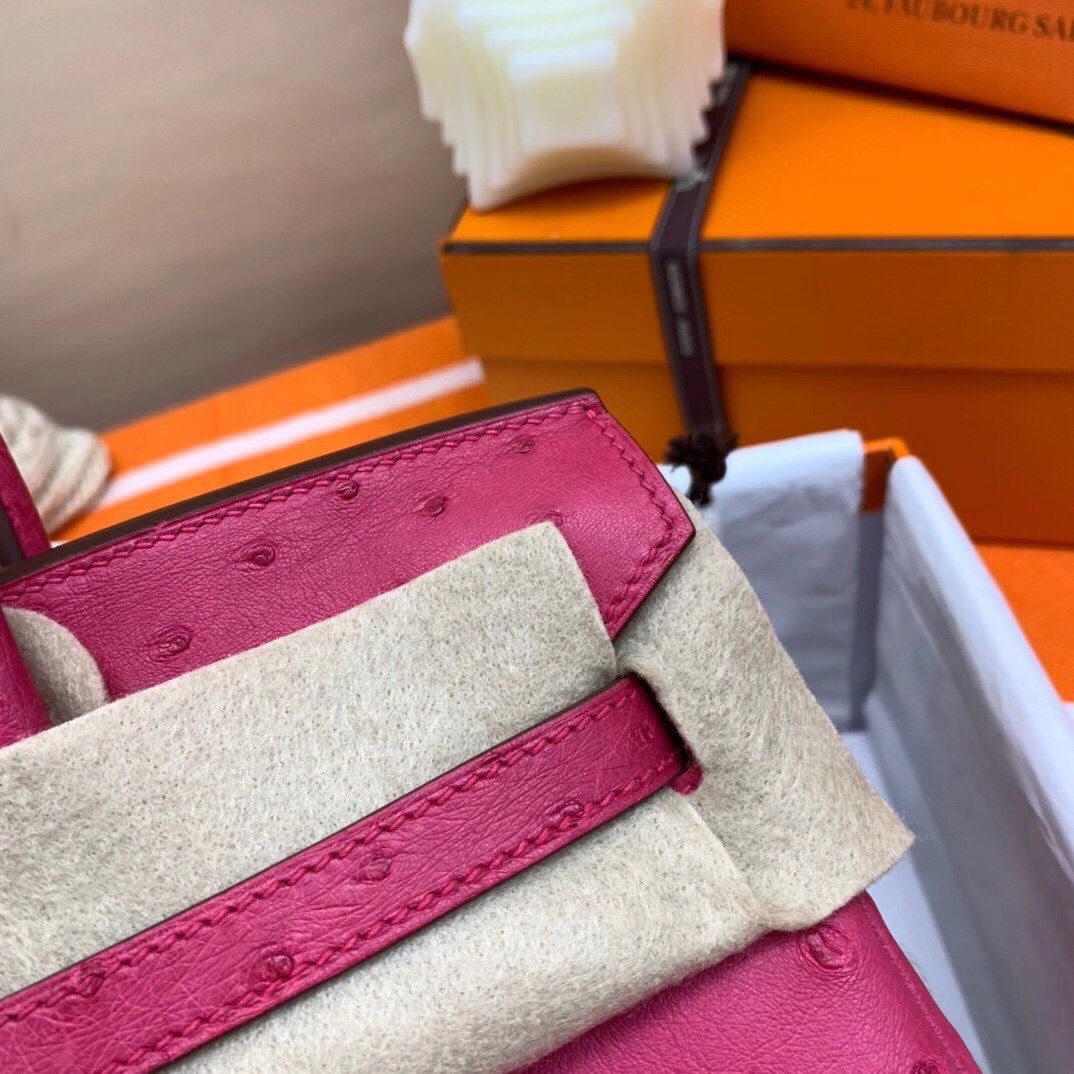 Hermes Birkin 25 Handmade Bag In Rose Red Ostrich Leather - Image 6