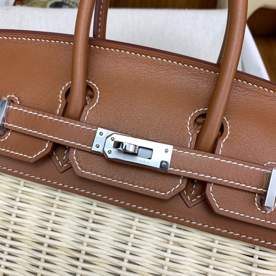 Hermes Picnic Birkin 25 Bag in Wicker with Gold Swift Calfskin - Image 7