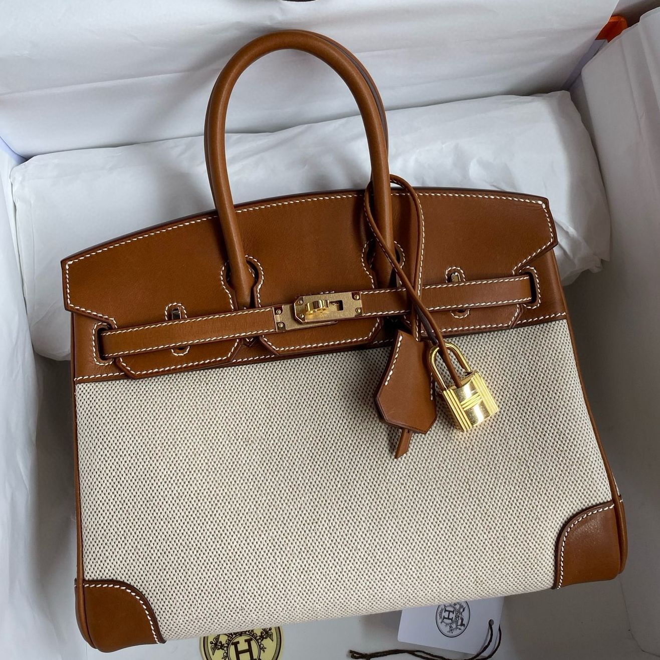 Hermes Birkin 25 Handmade Bag in Toile & Gold Barenia Calfskin
