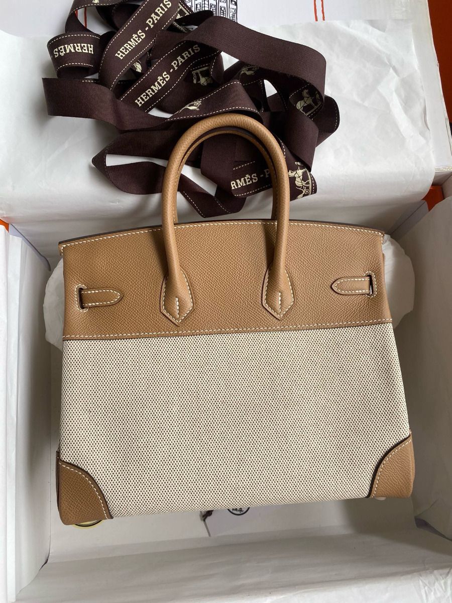 Hermes Birkin 25 Handmade Bag In Toile & Chai Epsom Leather - Image 3