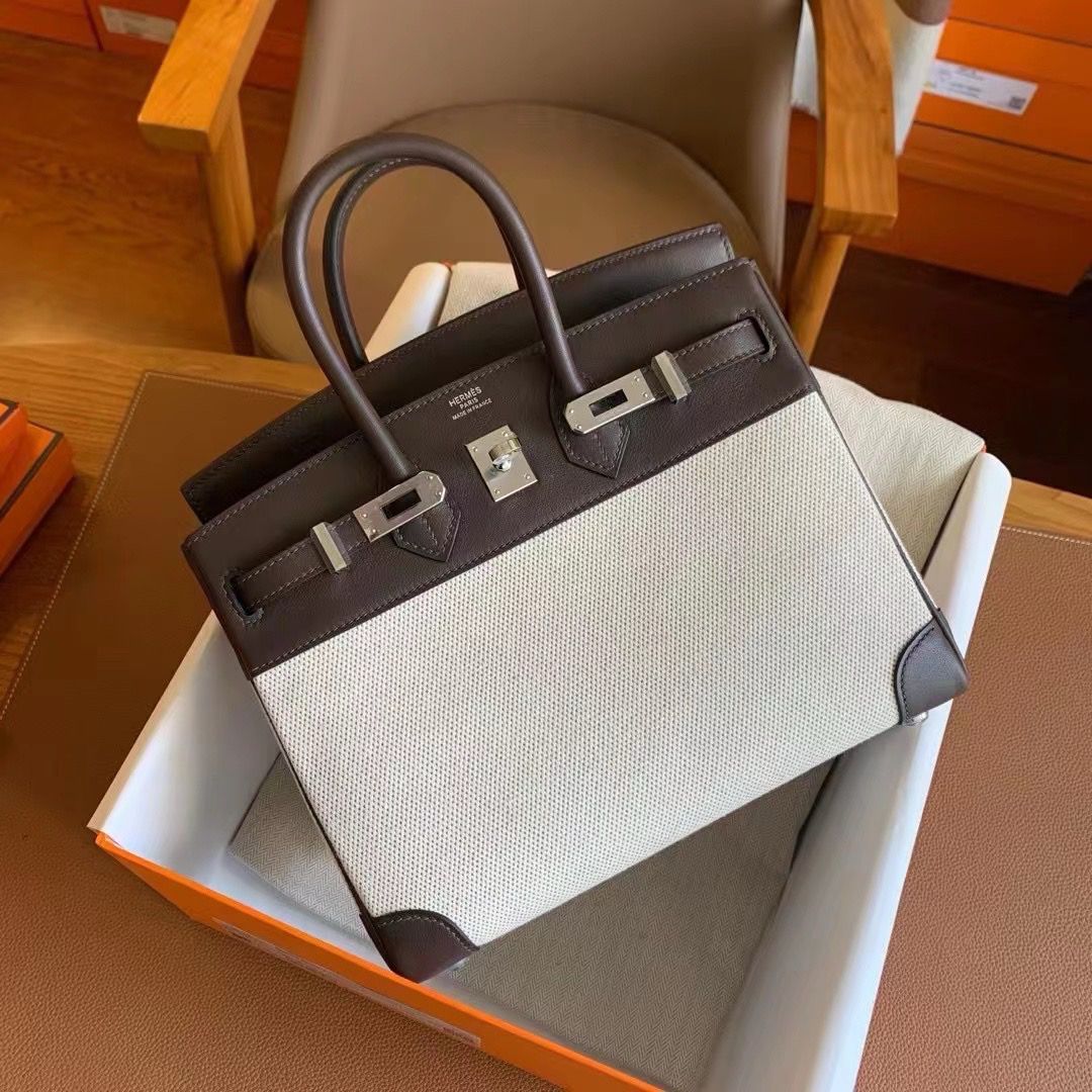 Hermes Birkin 25 Handmade Bag In Toile & Chocolat Swift Leather - Image 5