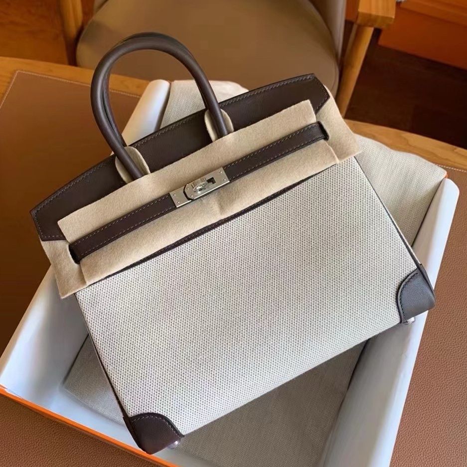 Hermes Birkin 25 Handmade Bag In Toile & Chocolat Swift Leather - Image 10