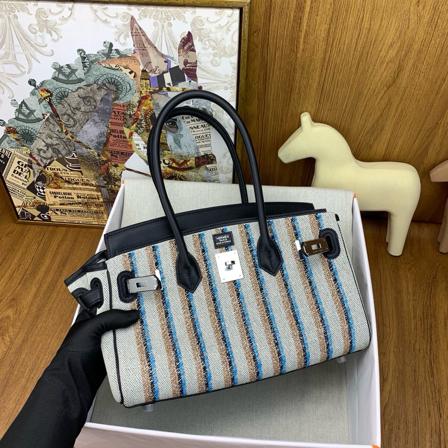 Hermes Shoulder Birkin Light 29 Bag in Toile and Black Swift Leather - Image 4