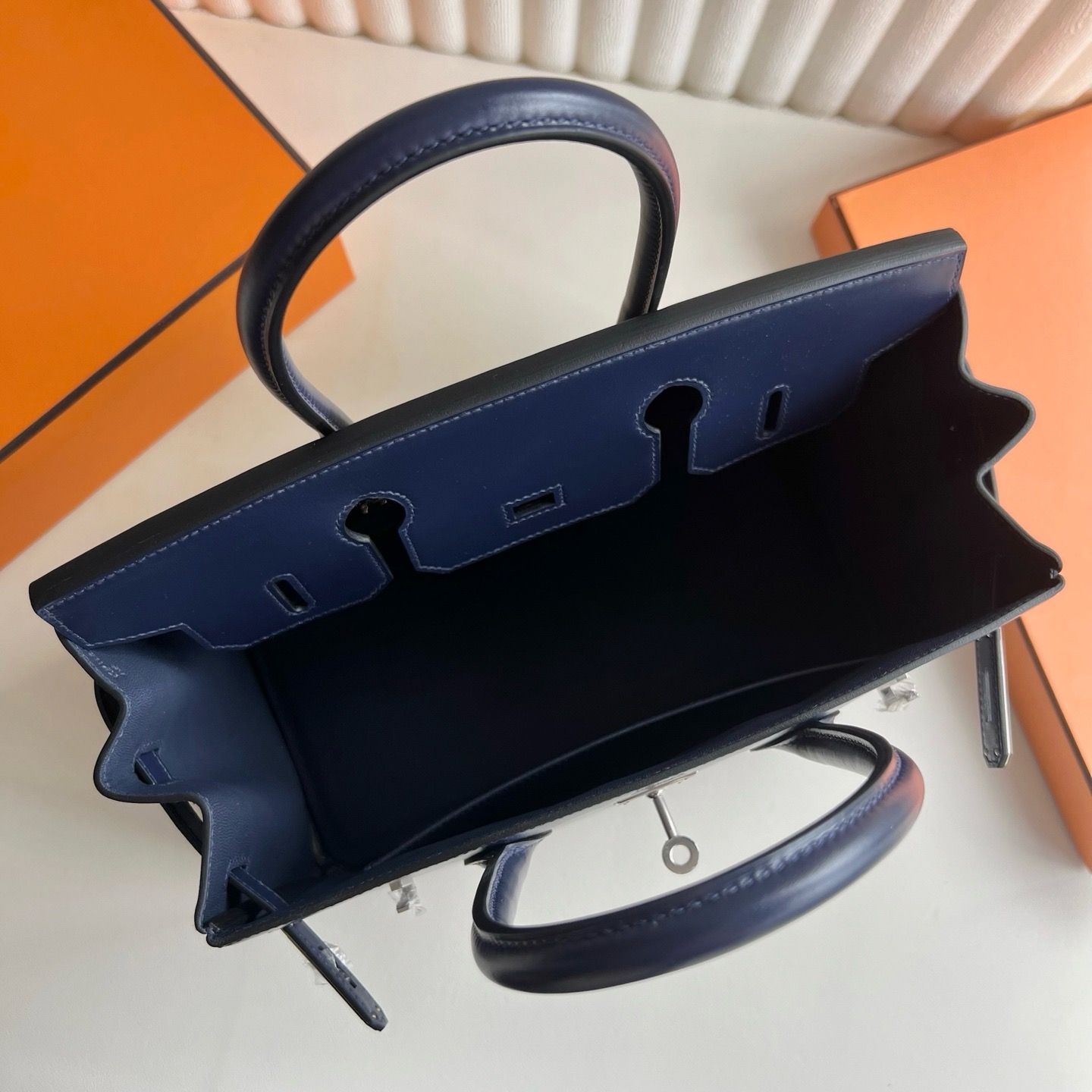 Hermes Birkin 30 Retourne Handmade Bag in Blue Saphir Box Calfskin - Image 5