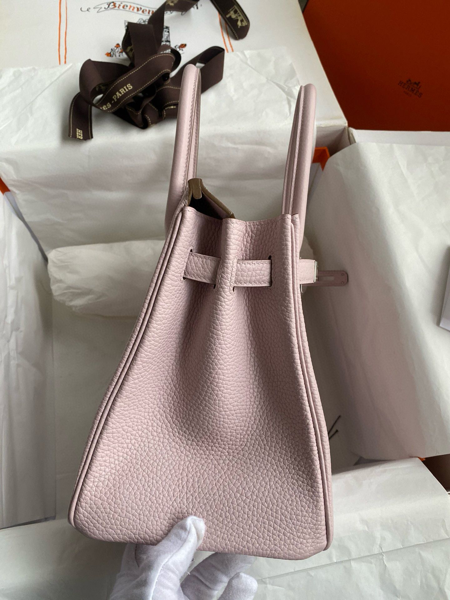 Hermes Birkin 30 Retourne Handmade Bag in Mauve Pale Clemence Leather - Image 6