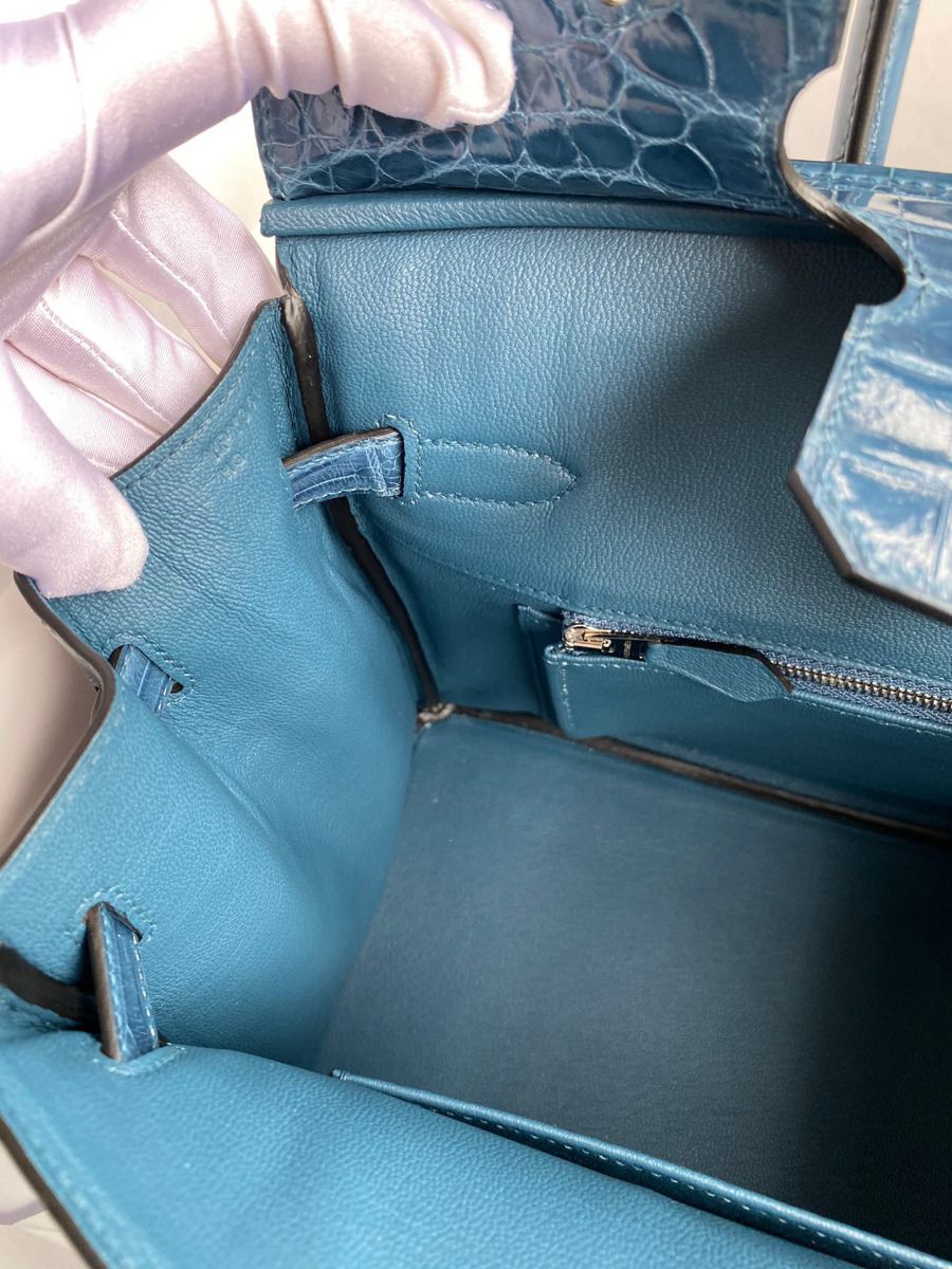 Hermes Birkin 30 Handmade Bag In Blue Tempete Crocodile Niloticus Shiny Skin - Image 9