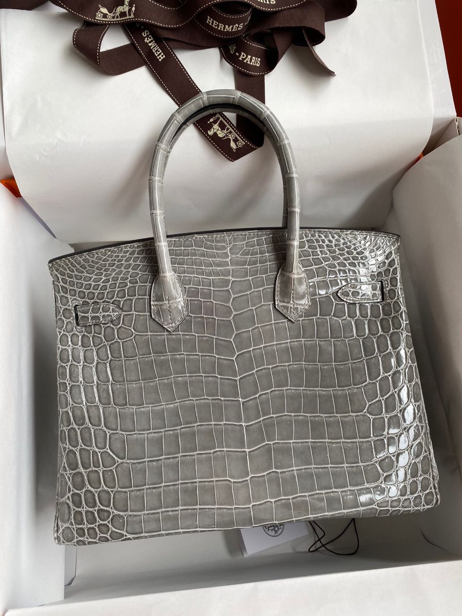 Hermes Birkin 30 Handmade Bag In Gris Ciment Crocodile Niloticus Shiny Skin - Image 3