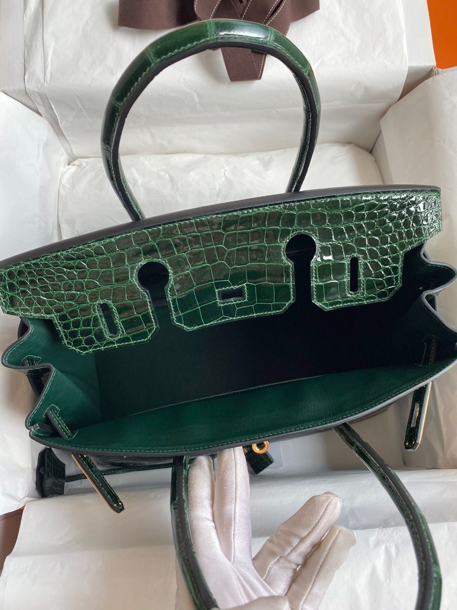 Hermes Birkin 30 Handmade Bag In Green Crocodile Porosus Shiny Skin - Image 8