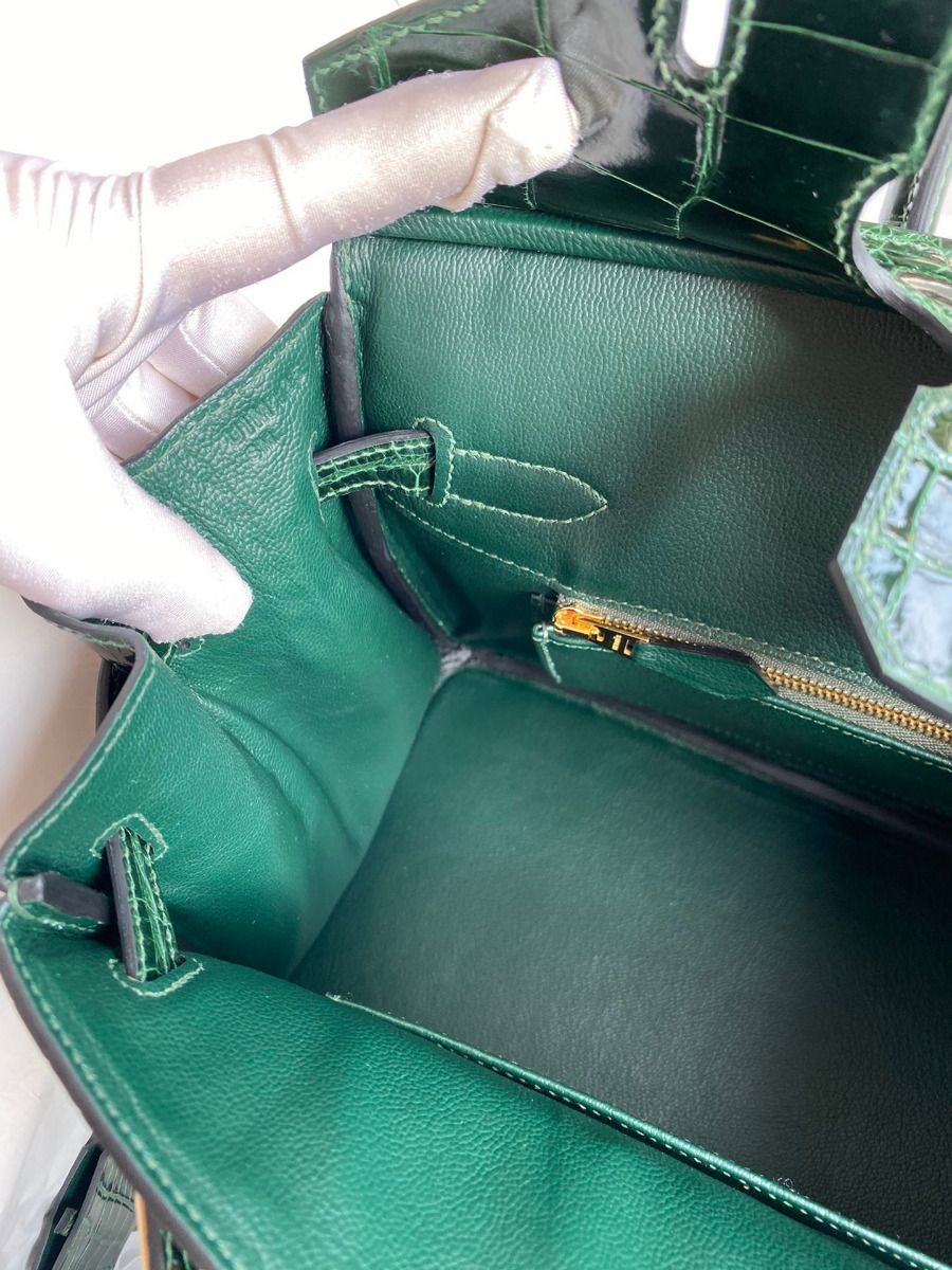 Hermes Birkin 30 Handmade Bag In Green Crocodile Porosus Shiny Skin - Image 9