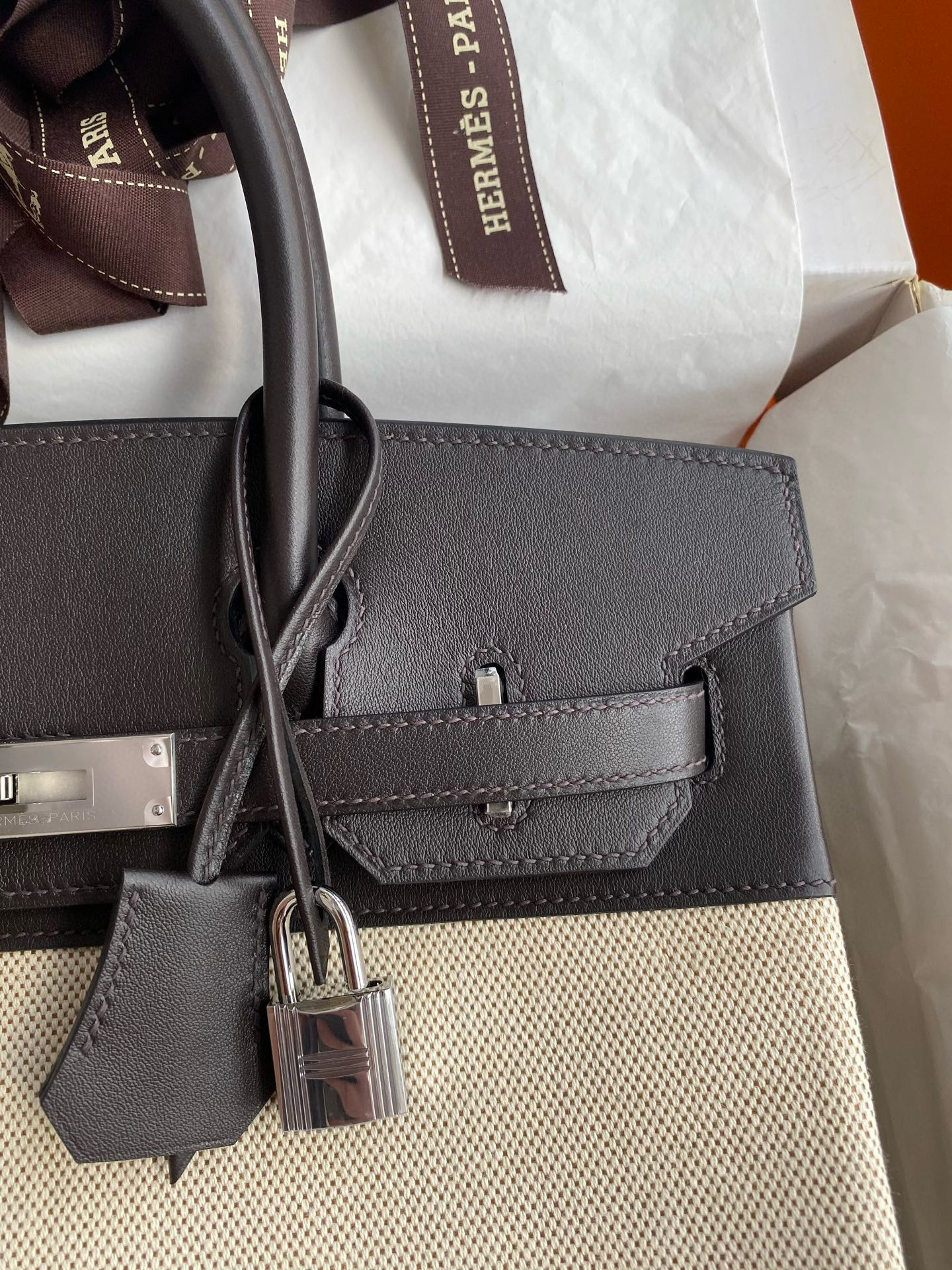 Hermes Birkin 30 Handmade Bag in Toile & Ebene Swift Leather - Image 4