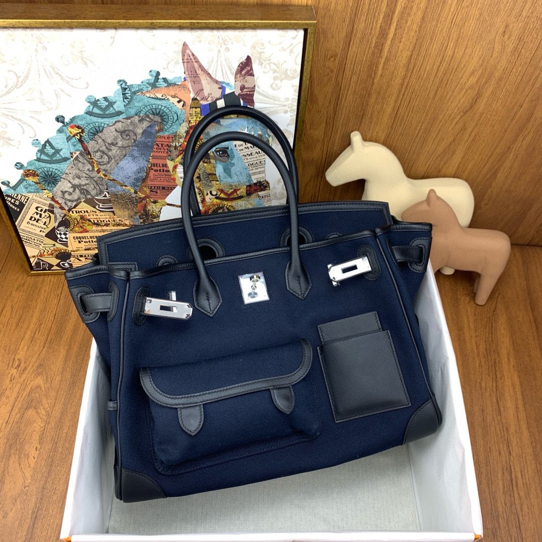 Hermes Cargo Birkin 35cm Limited-edition Bag in Navy Blue Canvas - Image 4
