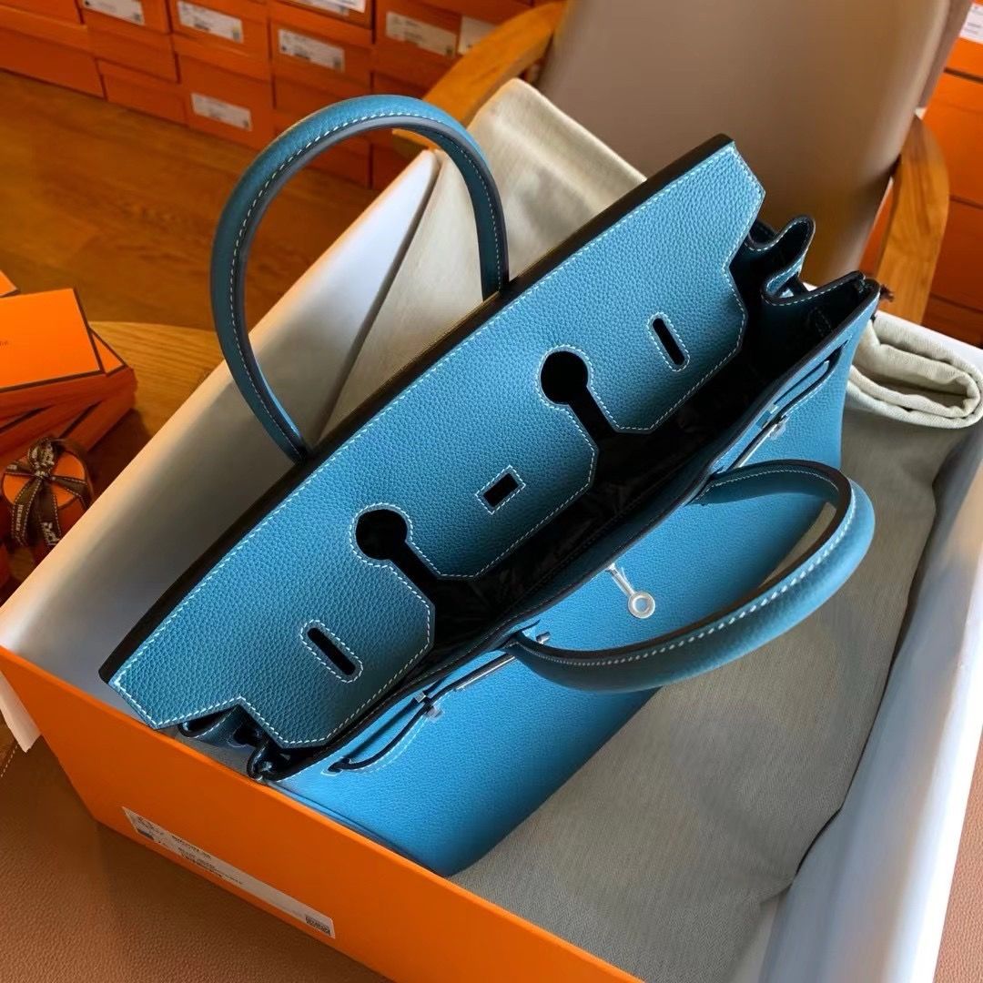 Hermes Birkin 35 Retourne Handmade Bag in Blue Jean Clemence Leather - Image 11