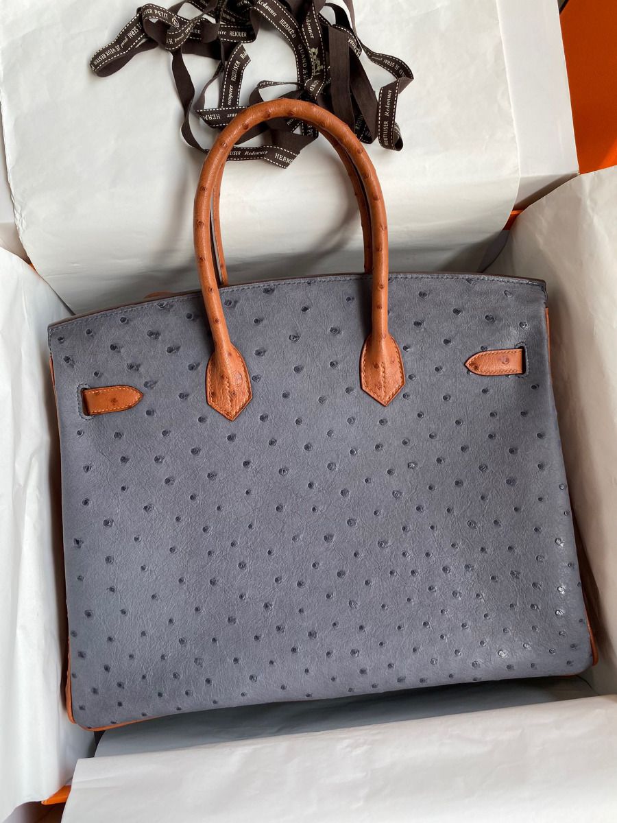 Hermes HSS Birkin 35 Bicolor Bag in Gris Agate and Gold Ostrich Leather - Image 3