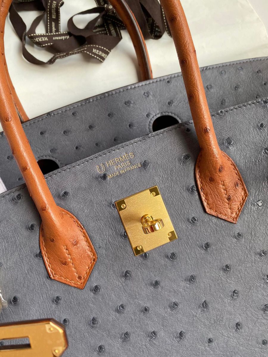 Hermes HSS Birkin 35 Bicolor Bag in Gris Agate and Gold Ostrich Leather - Image 8