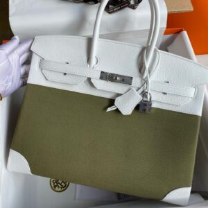 Hermes Birkin 35 Handmade Bag in Green Toile & White Clemence Leather