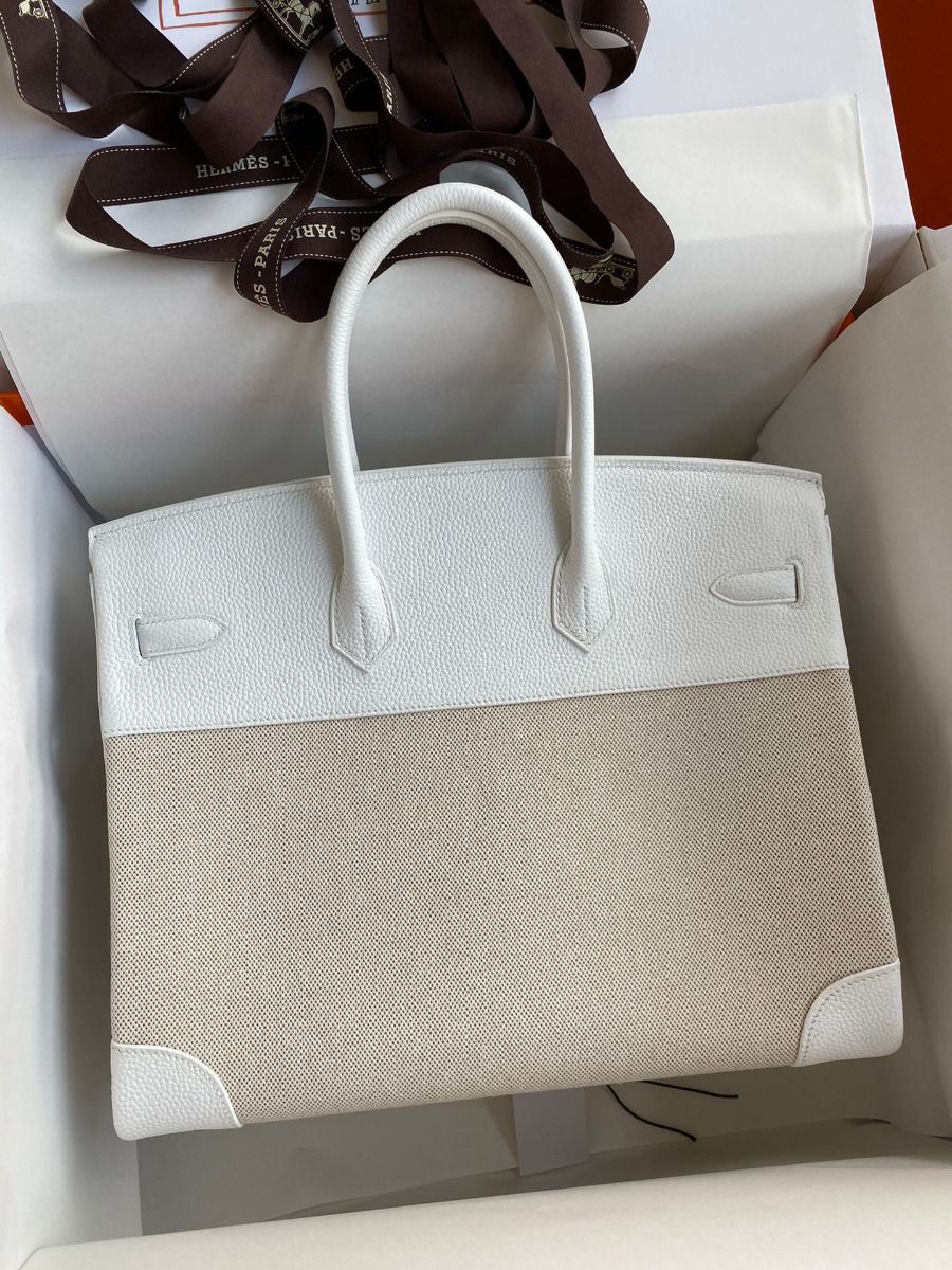 Hermes Birkin 35 Handmade Bag In Toile & White Clemence Leather - Image 3
