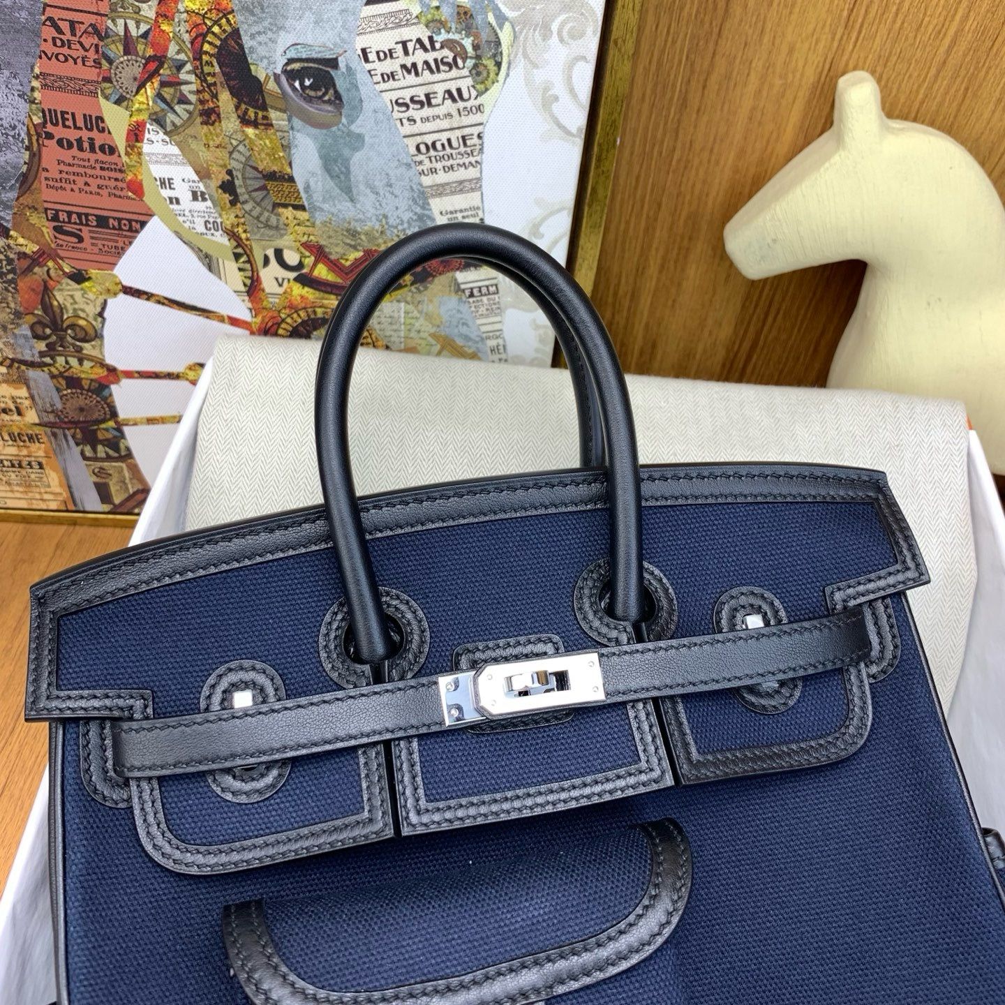 Hermes Birkin Cargo 25 Bag in Blue Toile and Black Swift Leather - Image 5