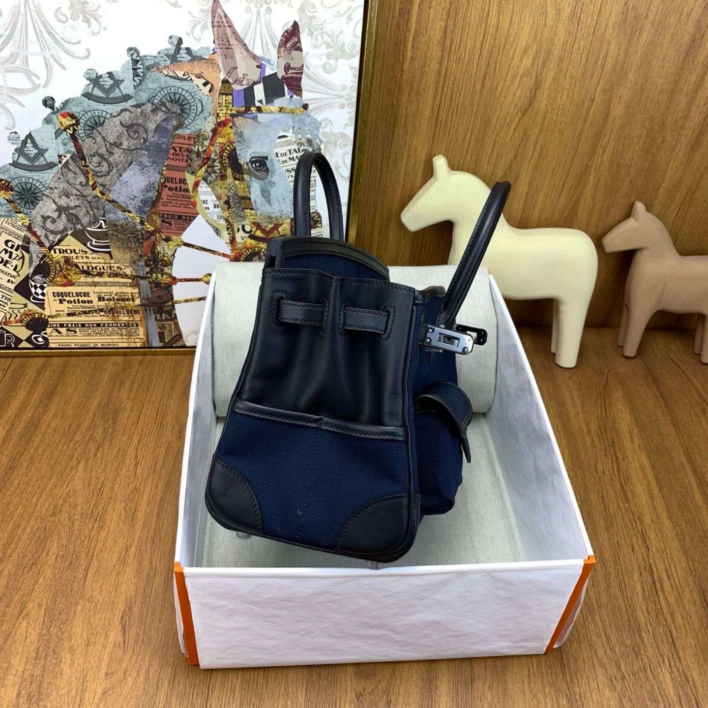 Hermes Birkin Cargo 25 Bag in Blue Toile and Black Swift Leather - Image 8
