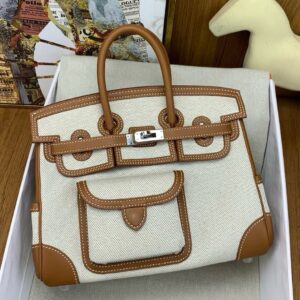 Hermes Birkin Cargo 25 Bag in Ecru Toile and Gold Swift Leather
