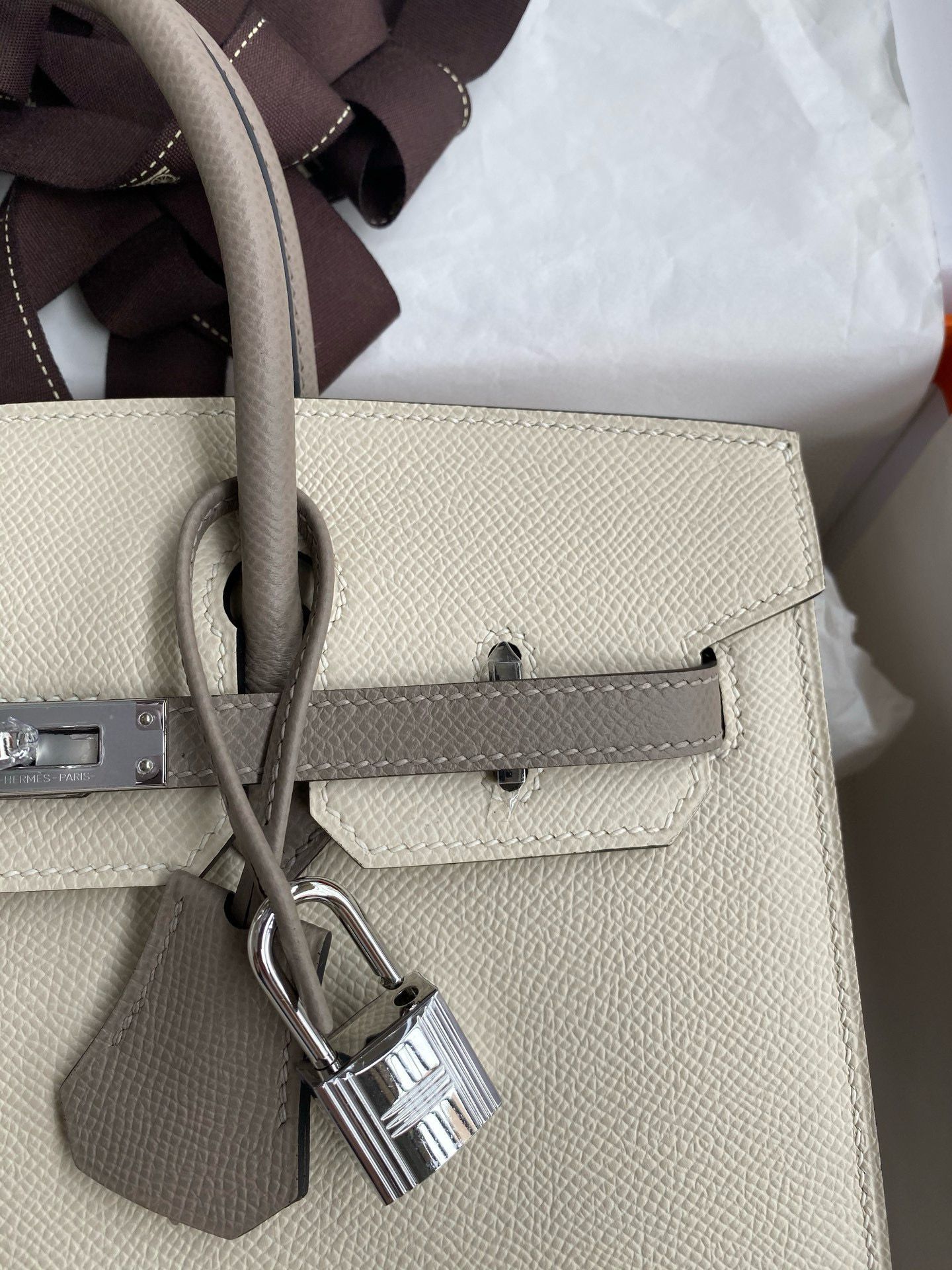 Hermes HSS Birkin 25 Sellier Bag in Craie and Gris Asphalt Epsom Calfskin - Image 4