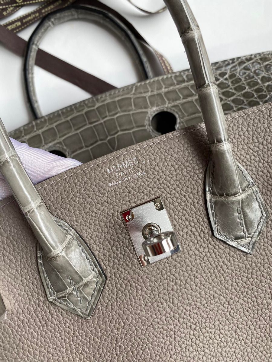 Hermes Touch Birkin 25 Bag In Gris Asphalt Shiny Niloticus Crocodile Skin - Image 6