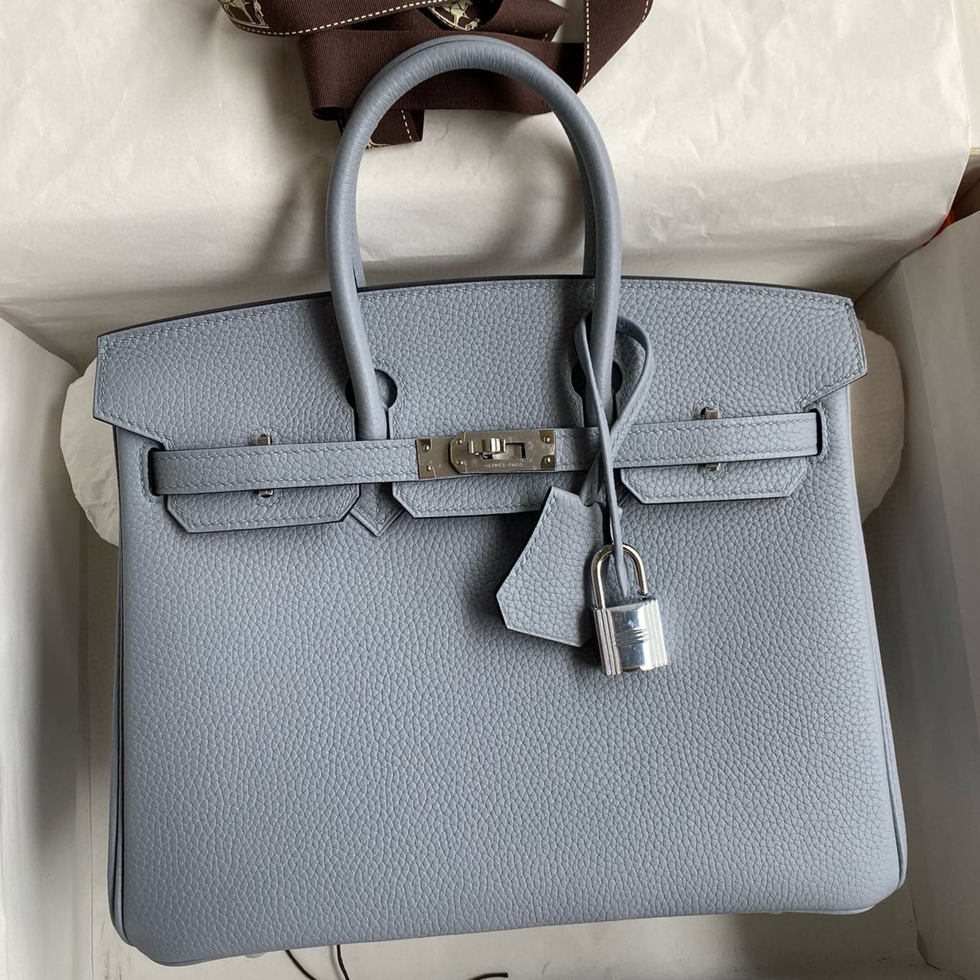 Hermes Birkin 25 Verso Retourne Handmade Bag in Blue Lin Clemence Leather