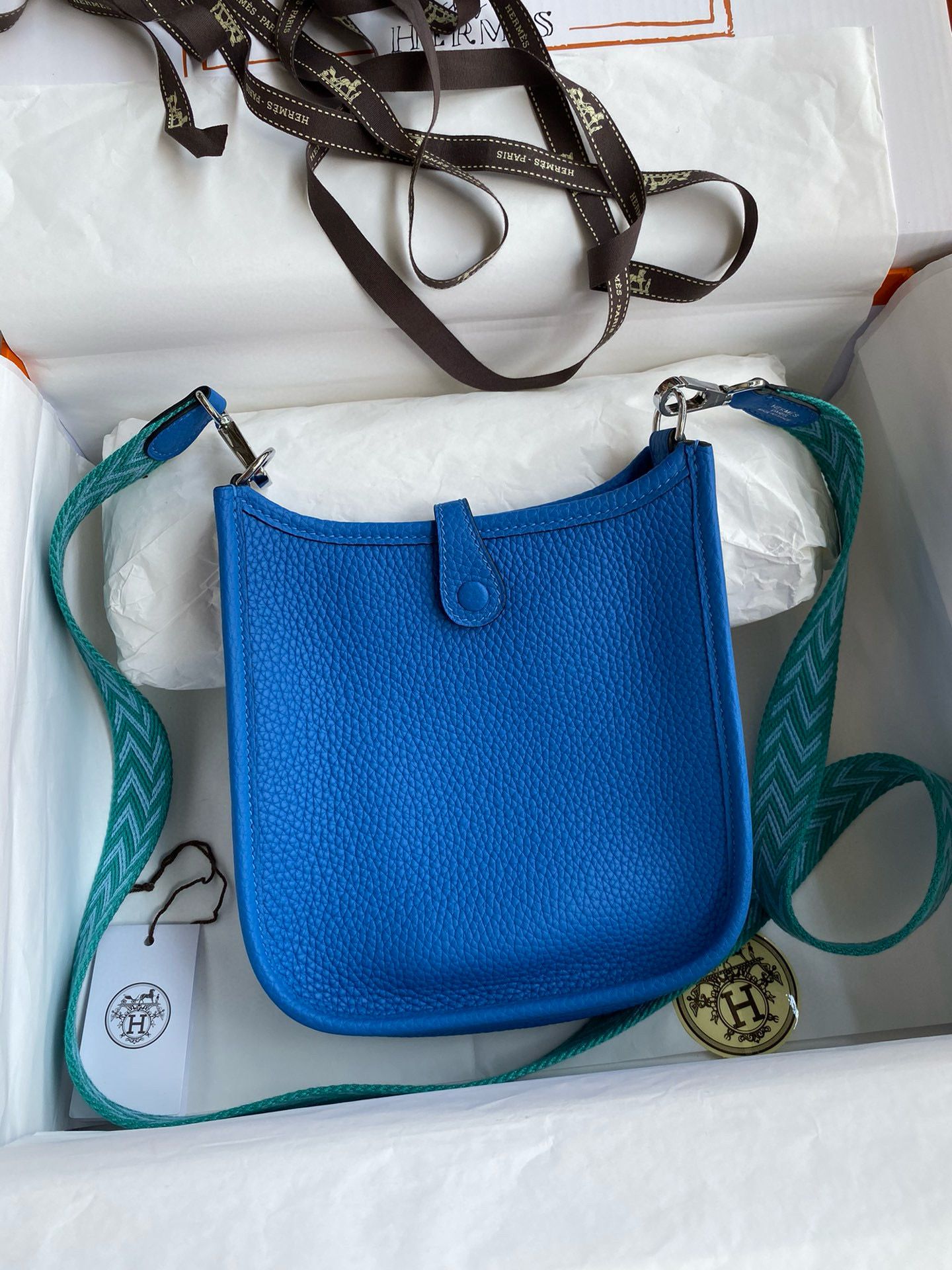 Hermes Evelyne Mini Handmade Bag in Blue Hydra Clemence Leather - Image 3