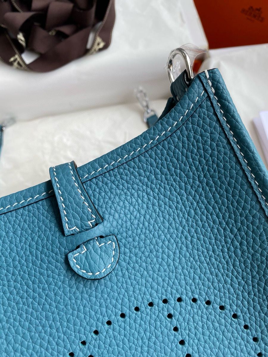 Hermes Evelyne Mini Handmade Bag in Blue Jean Clemence Leather - Image 5