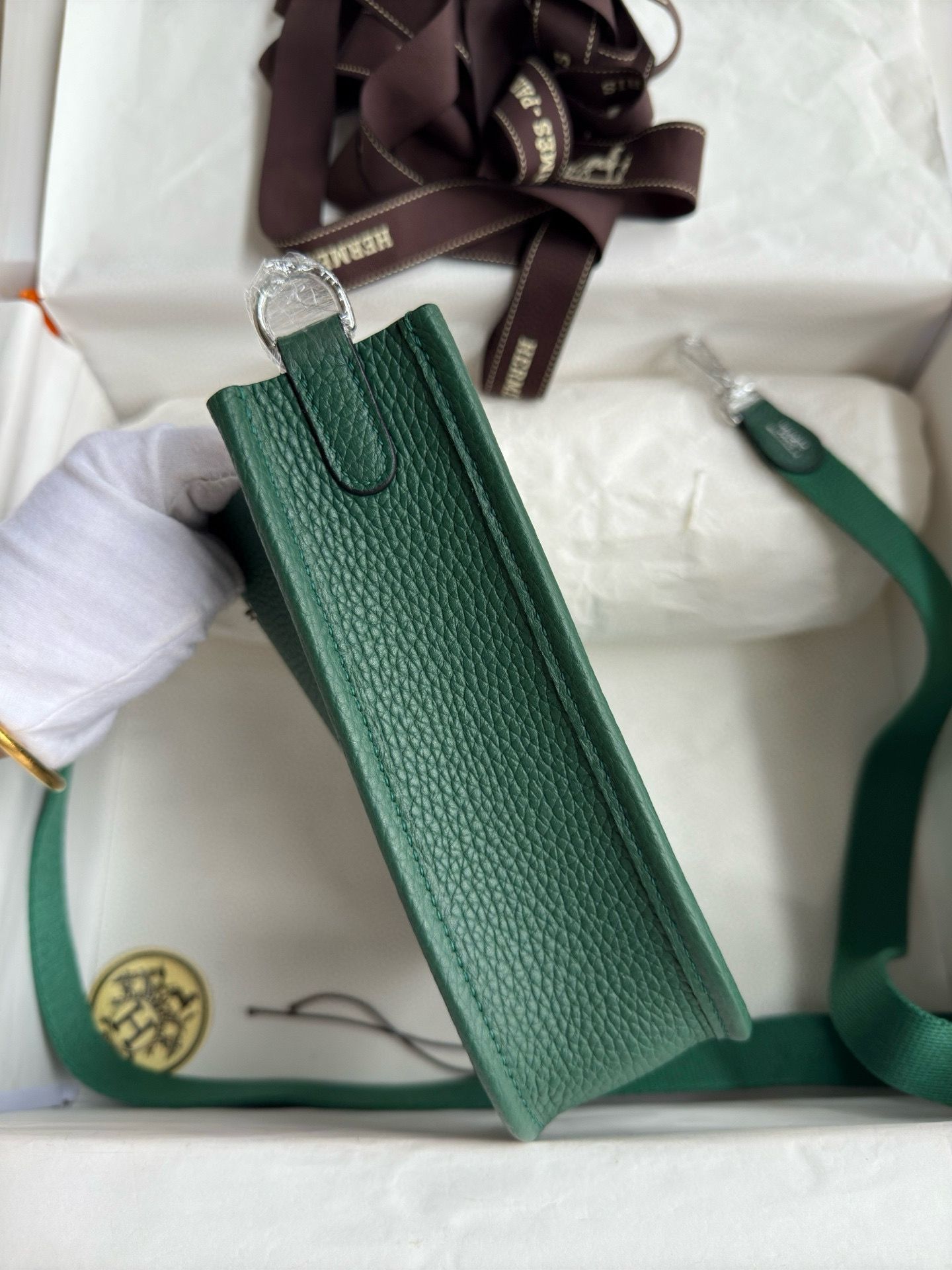 Hermes Evelyne Mini Handmade Bag in Malachite Clemence Leather - Image 7