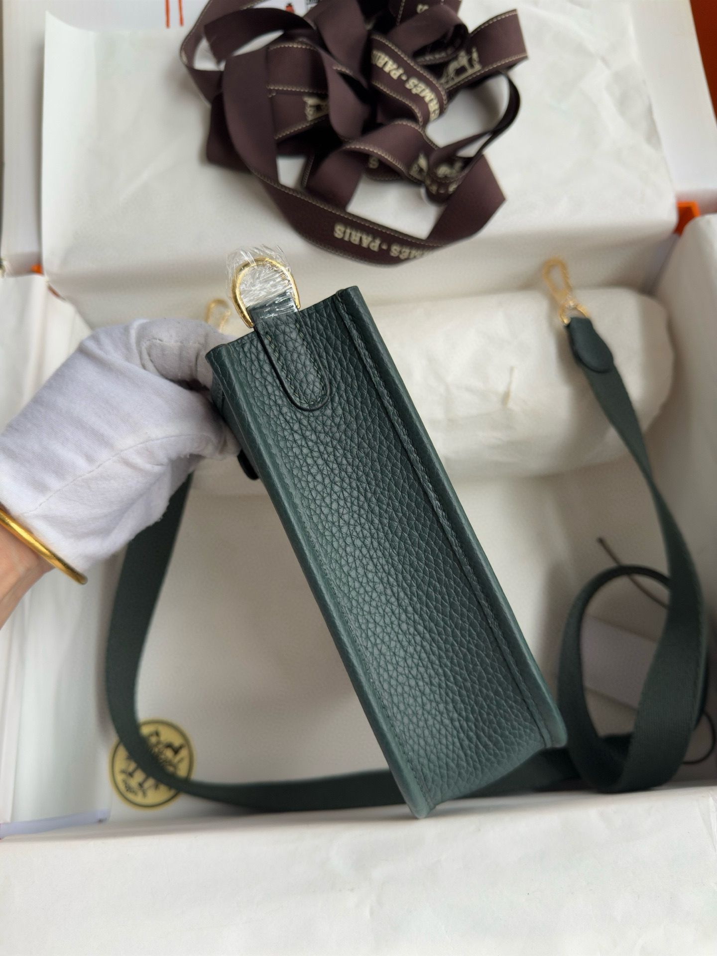 Hermes Evelyne Mini Handmade Bag in Vert Cypres Clemence Leather - Image 4