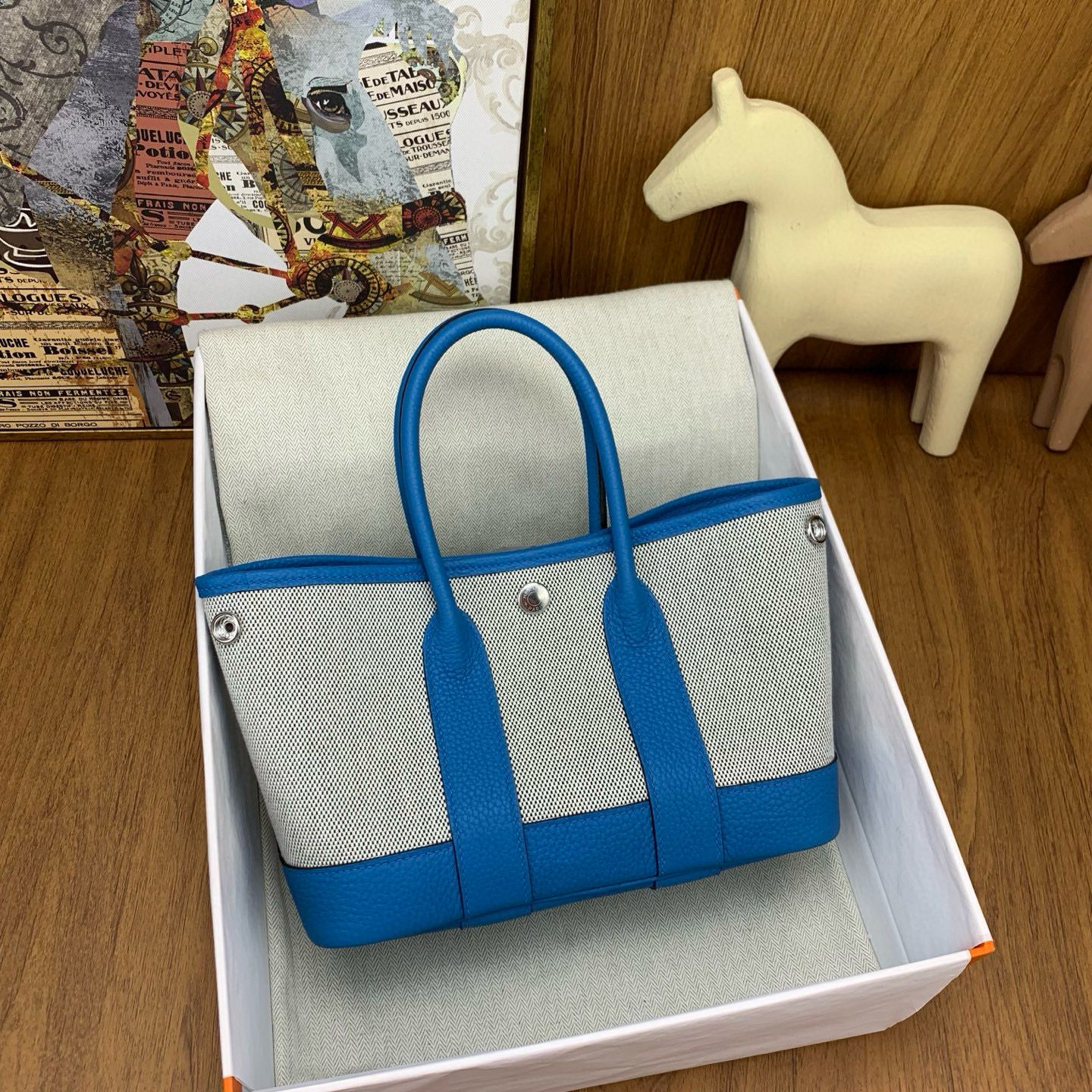 Hermes Neo Garden Party 23 Bag in Canvas and Blue Negonda Calfskin - Image 3
