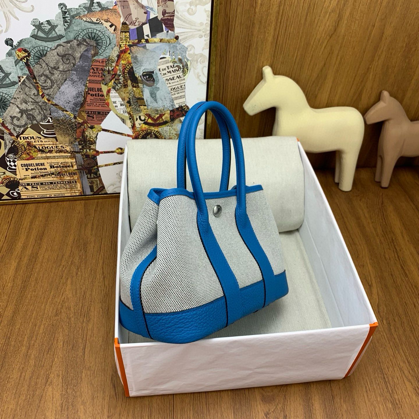 Hermes Neo Garden Party 23 Bag in Canvas and Blue Negonda Calfskin - Image 8