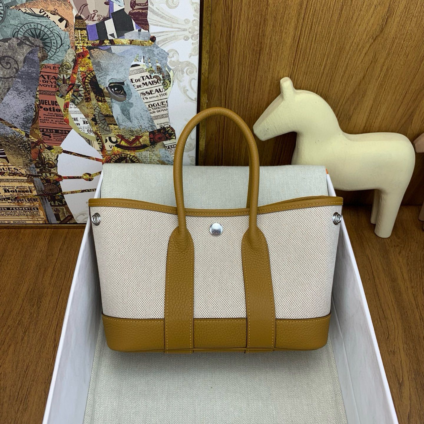 Hermes Neo Garden Party 23 Bag in Canvas and Chai Negonda Calfskin - Image 3